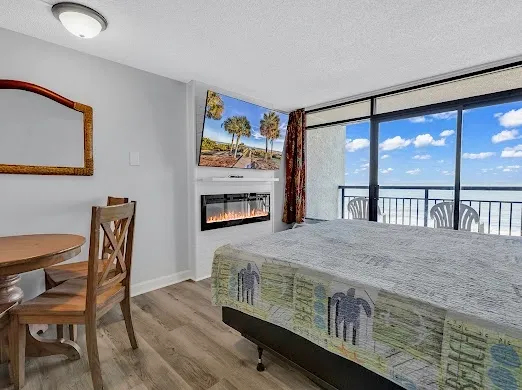 A bed room with a fireplace and a view of the ocean