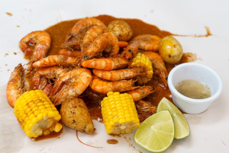 Cajun-style seafood boil with shrimp and corn